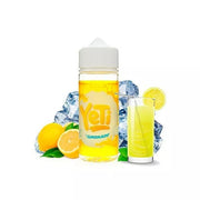 A 100ml bottle of Lemonade flavored YETI E-Liquid, part of the Fruity Ice Cold Series. The bottle is labeled with the brand and flavor, and is depicted alongside a glass of lemonade with ice and lemon slices.
